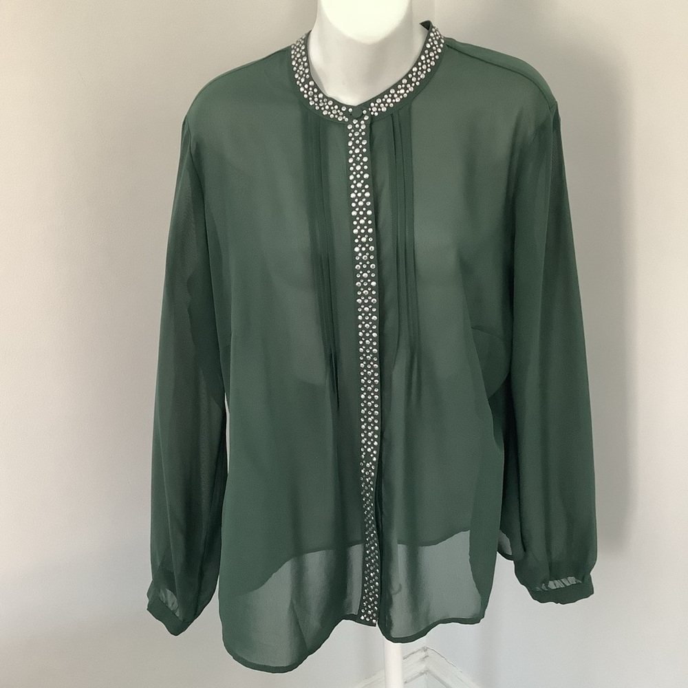 VENUS Forest Green Sheer Buttondown Blouse with Silver Accents Sz. 12